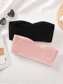 SHEIN Bộ 2 chiếc áo ngực không dây bằng vải cotton dệt kim thoải mái cho bé gái tuổi mới lớn - Màu Hồng baby - Xem 2