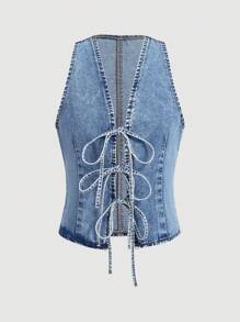 SHEIN MOD Ladies Summer Casual Sleeveless Tie-Front Denim Blouse - Light Wash - View 1