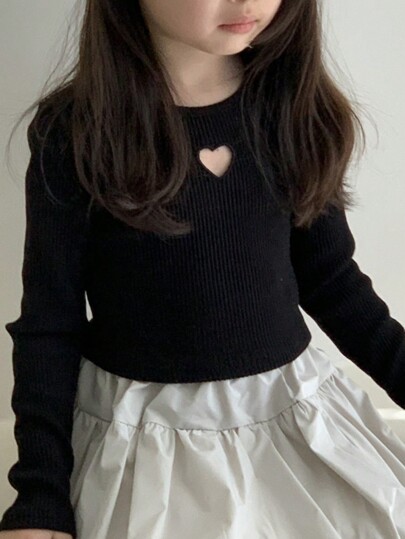 Dazy Kids Young Girl Plain Heart Hollow-Out Round Neck Long Sleeve Casual T-Shirt