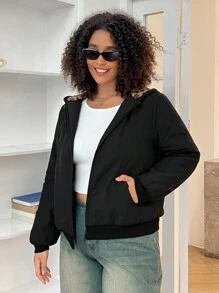 SHEIN EZwear 大码女式纯色连帽长袖夹克，女式黑色夹克