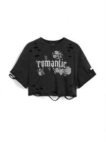 Emi Bee Artist Leisure Round-Neck Cropped Slim-Fit Plus-Size T-Shirt With Distressed Detail, Graphic Tee For Summer, Cotton, Holiday, Vacation, Festival, Ibiza Fits