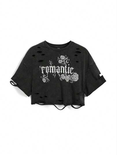 Emi Bee Camiseta corta de ajuste ceñido de cuello redondo de talla grande con detalles desgastados, camiseta gráfica para verano, de algodón, para vacaciones, vacaciones, festivales, se adapta al estilo de Ibiza