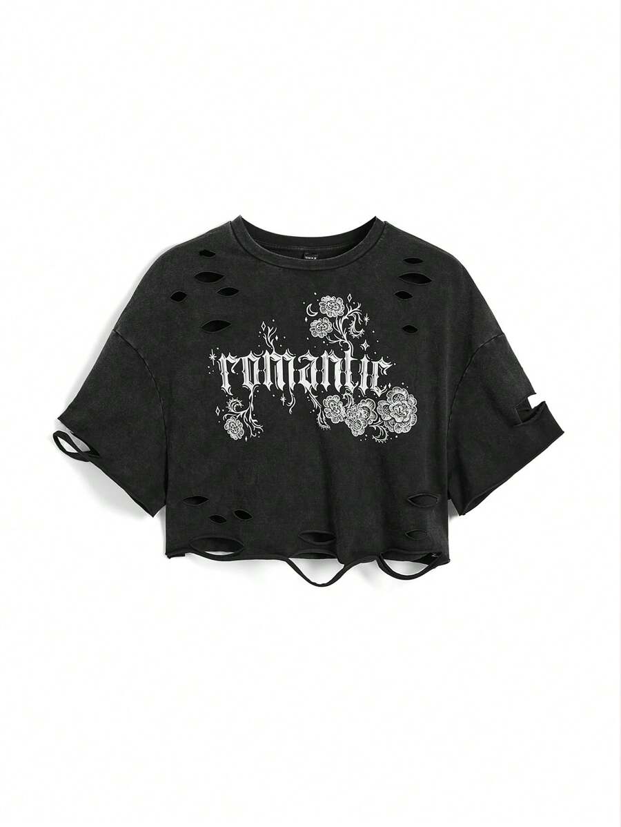 Emi Bee Artist Leisure Round-Neck Cropped Slim-Fit Plus-Size T-Shirt With Distressed Detail, Graphic Tee For Summer, Cotton, Holiday, Vacation, Festival, Ibiza Fits