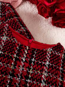 2pcs Young Girls Tweed Round Neck Jacket & Mesh Contrast Dress Set, Suitable For Parties Or Formal Occasions - Red - View 4