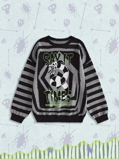 Beetlejuice | ROMWE Pulls oversize pour femmes avec logo monstrueux à rayures gothiques, blocs de couleurs et tourbillon, en jacquard tricoté