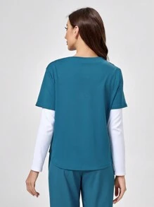 TaskEZ 纯色圆领短袖宽松制服磨砂上衣 - 墨綠色 - 查看 2