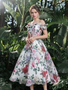 Off Shoulder Lace Up Back Ruffle Trim Floral Organza Homecoming Prom Dress Perfect For Back To School, Gathering, Dance & Cocktail Events, White Elegant Semi Formal Dress, For Birthday, Wedding Guest, Graduation