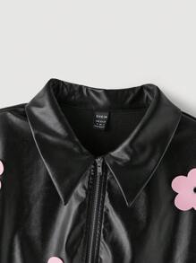 SHEIN MOD Cute Flower Design Sweet Autumn/Winter Women Jacket, Black Leather Jacket Costume Fall Women Tops Fall Women Outfits Police Woman Costume Queen Of Hearts - Black - View 6