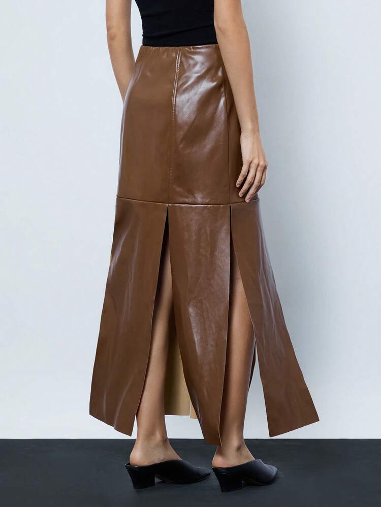 SHEIN Maija Women's Solid Color PU Leather High Slit Elegant Skirt Fall Women Clothes