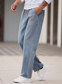 Men's Slant Pocket Drawstring Elastic Waist Washed Denim Jeans - Light Wash - View 4