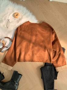 SHEIN Privé 大码女式咖啡棕色蓬松内衬保暖毛绒夹克，秋冬款 - 咖啡棕 - 查看 2