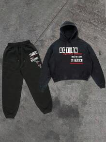 Manfinity Roghcode 2 件装男士字母印花连帽运动衫和前抽绳裤休闲套装 - 黑色 - 查看 1