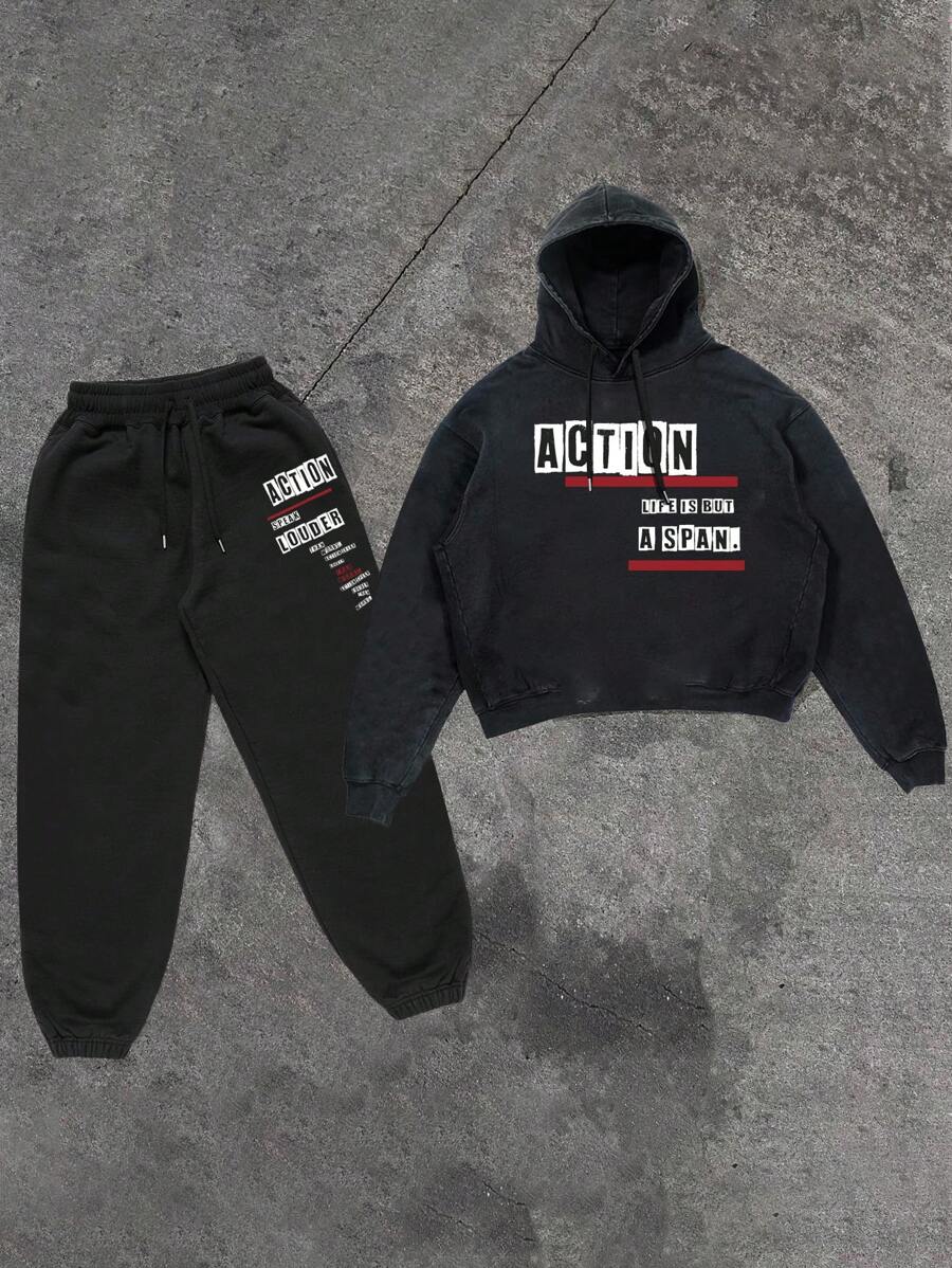 Manfinity Roghcode 2 件装男士字母印花连帽运动衫和前抽绳裤休闲套装 - 黑色 - 查看 1