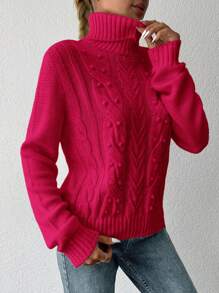 EURMUSE Women's Solid Color High Neck Long Sleeve Simple Sweater, Casual Daily Wear - Hot Pink - View 3
