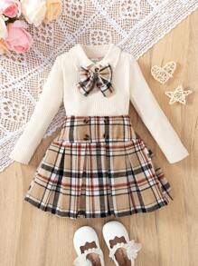 2pcs/Set Young Girl School Uniform Outfits, Including Collared Knit Long Sleeve Sweater With Bow Accent And Plaid Skirt, Fall/Winter Plaid Skirt Set - Apricot - View 1