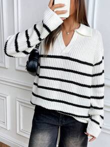 SHEIN Unity Áo len kẻ sọc cổ chữ V rộng rãi thoải mái - Đen và trắng - Xem 6