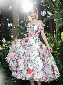 Off Shoulder Lace Up Back Ruffle Trim Floral Organza Homecoming Prom Dress Perfect For Back To School, Gathering, Dance & Cocktail Events, White Elegant Semi Formal Dress, For Birthday, Wedding Guest, Graduation