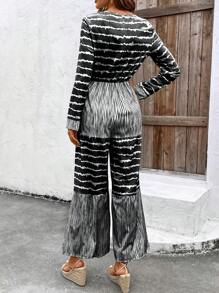 SHEIN Unity Long Sleeve Striped Patchwork Print Jumpsuit For Leisure & Vacation Fall Cloth For Women