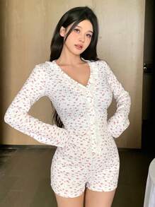 DAZY Ruffle Floral All Over Print Long Sleeve Casual Romper Pajama - White - View 7