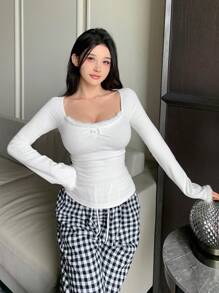 DAZY Autumn/Winter Brushed Knit Faux Fur Collar & Cuff Splice Slim Fit Fluffy Sleepwear Top, For Fall Winter, Cozy - White - View 8