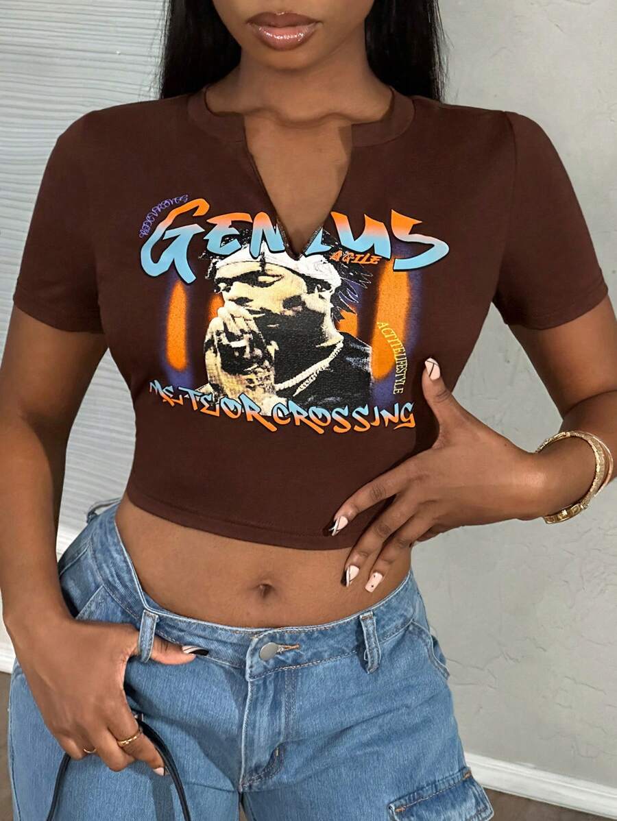 Slaydiva Street Casual Sexy Summer Portrait Abstract Body Pirnt Pattern Notch Collar Short Women's T-Shirt