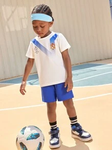SHEIN Young Boys 2pcs Set Fitted Badge & Letter Print Comfortable Football Sports Short Sleeve T-Shirt And Shorts