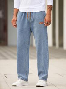 Men's Slant Pocket Drawstring Elastic Waist Washed Denim Jeans - Light Wash - View 10