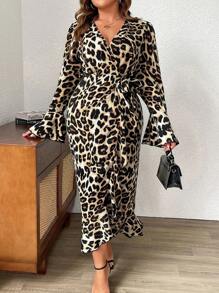 SHEIN Unity Robe maxi élégante à imprimé léopard, col en V, manches évasées et ourlet noué, pour femmes grande taille - Multicolore - Voir 6