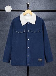 SHEIN 1 件青少年男童休闲百搭保暖内衬复合舒适简约纯色保暖领夹克，适合冬季、户外、通勤、搭配和上学