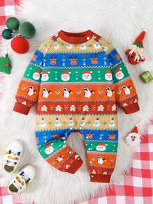 男婴秋冬圣诞节假期姜饼人、企鹅、圣诞老人全身印花连体衣，带灵活的裆部和肩部开口，家居服、派对装、圣诞宝宝。高品质选择 - 彩色 - 查看 3