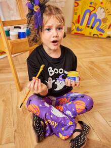 2pcs/Set Girls Cute Ghost Print Sweatshirt & Pumpkin Ghost Legging Pants, Halloween Outfit