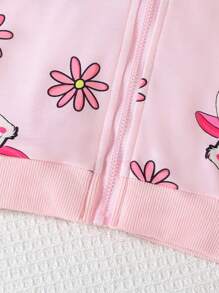 Cardigan com capuz e zíper com estampa de desenho animado de manga comprida para bebê menina com decoração de orelha de coelho 3D e laço, outono - Rosa - Ver 6