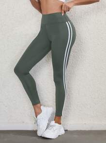 Gameset SHEIN Sport Quần legging thể thao cạp rộng kẻ sọc nhiều màu sắc thường ngày dành cho nữ tập yoga - xanh quân đội - Xem 2