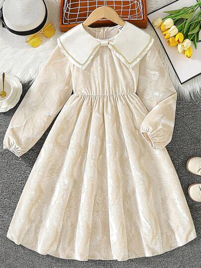 Tween Girl Velvet Embossed Flounced Collar Long Sleeve Dress