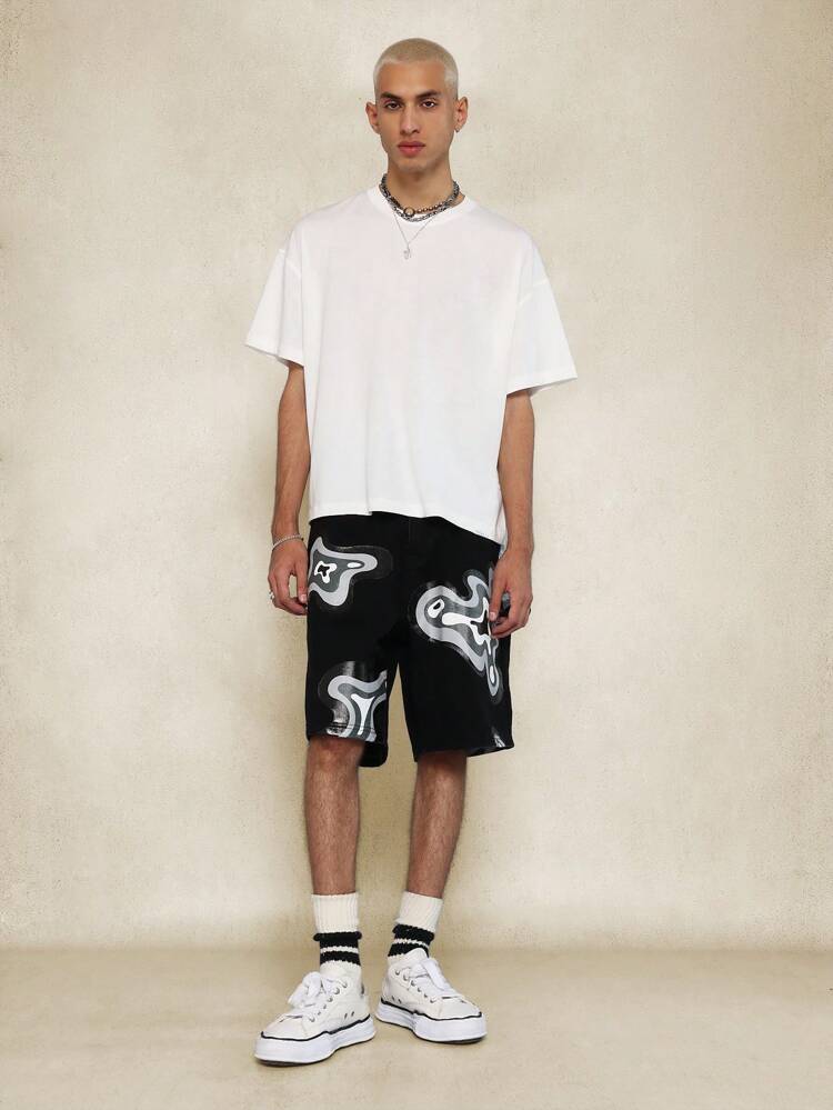 전체 그래픽 프린트 데님 숏팬츠, 자수 장식