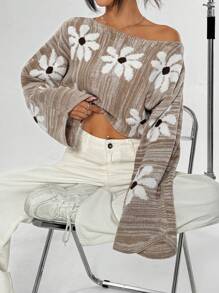 SHEIN Unity Luźny sweter z rozkloszowanymi rękawami i kwiatowym wzorem, idealny na wiosnę i jesień, dzianinowy sweter na jesień i zimę - Wielokolorowe - Zobacz 4