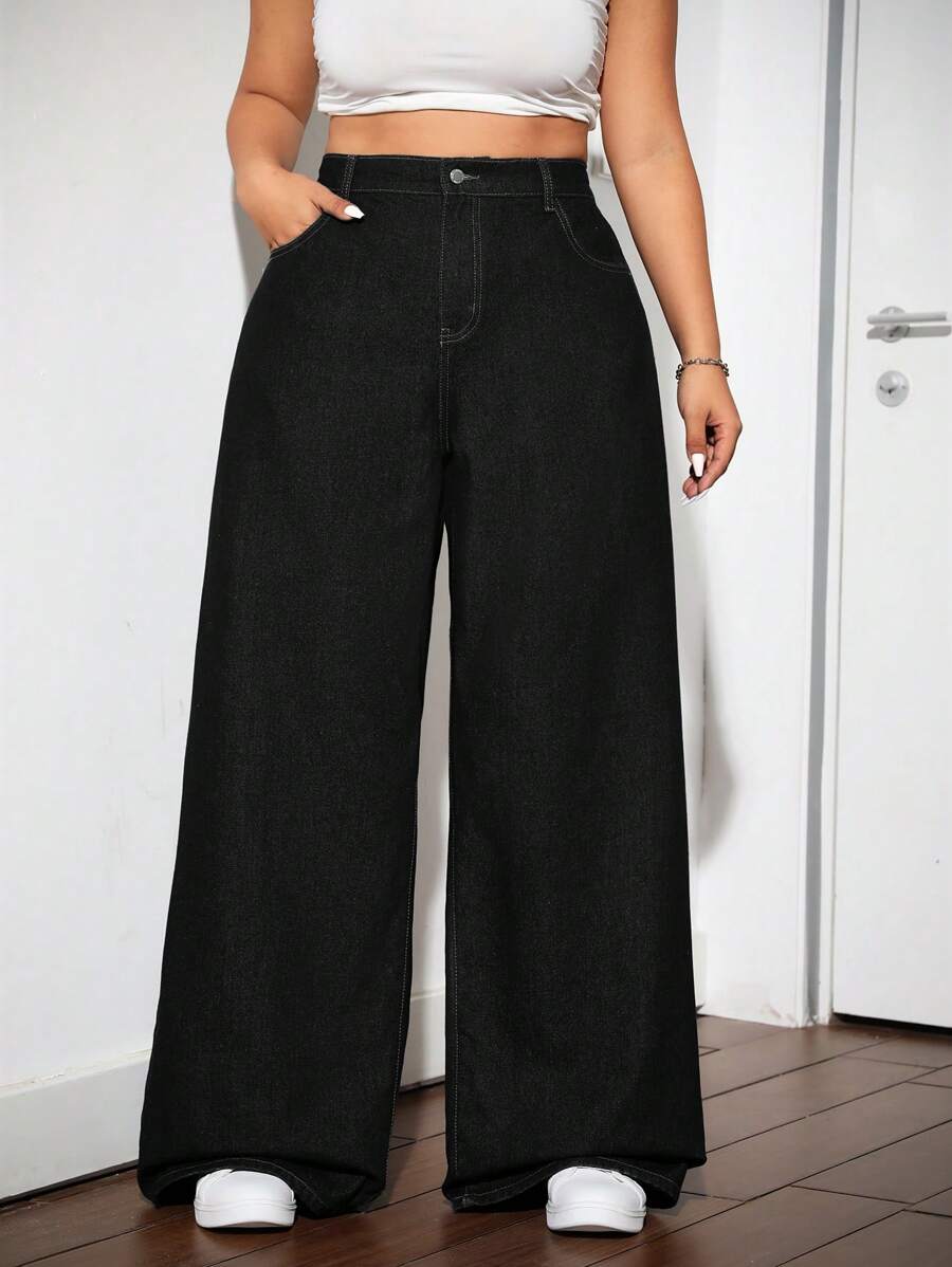 Dripcurv Jeans droits amples et décontractés grande taille, noir, mode polyvalente