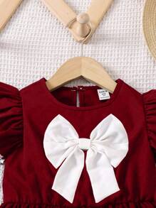 SHEIN New Arrival Young Girl Burgundy Casual Dress With White Bow, White Ruffle Trim Sleeves, Comfortable And Fashionable For School, Christmas, Back To School Season