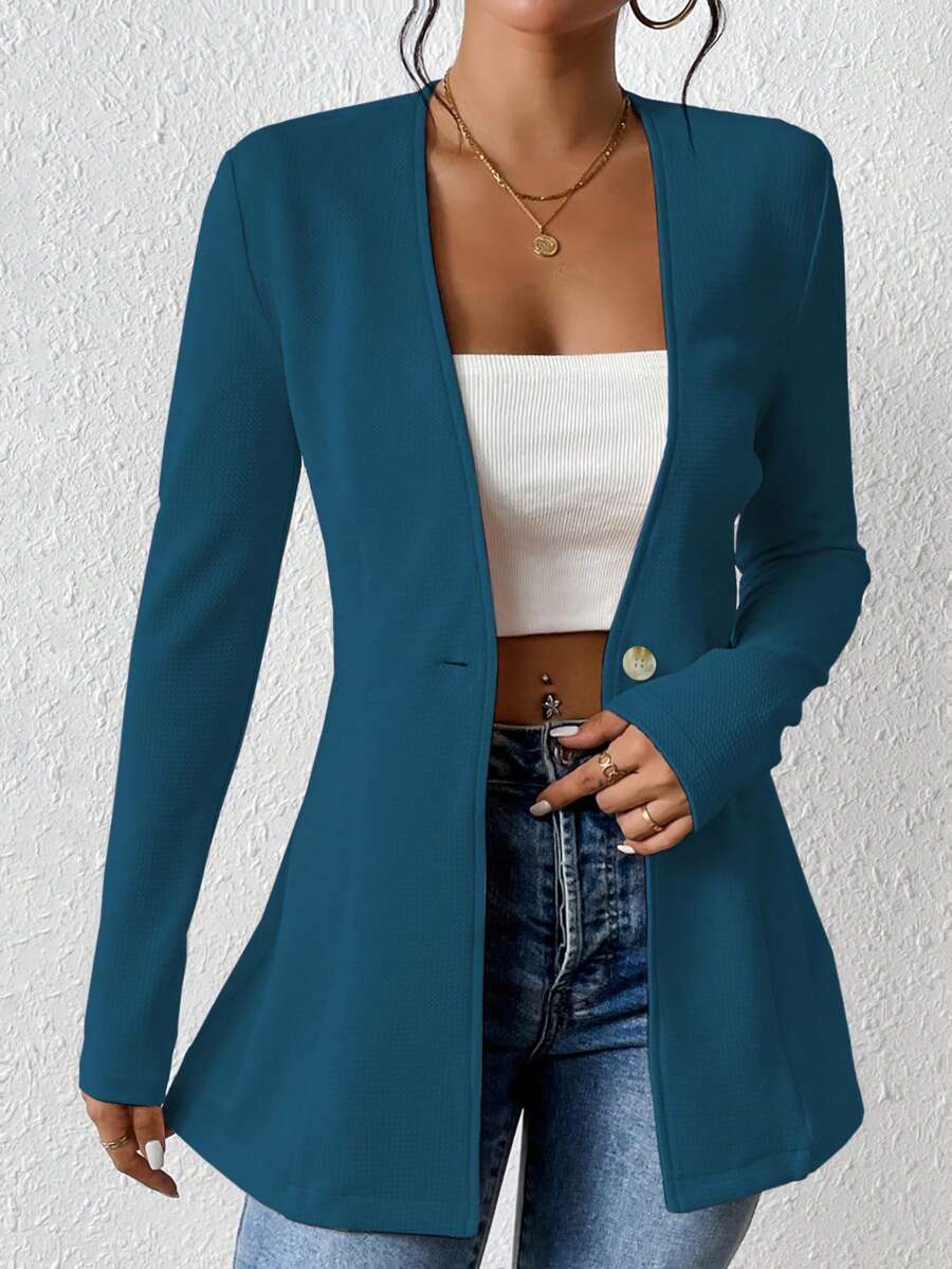 Chiquease Women's Casual Texture Collarless Unlined Thin Long Sleeve Blazer Fall Cloth For Women - Dusty Blue - View 1