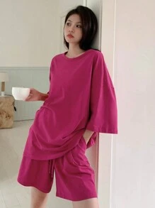 DAZY 夏季纯色简约宽松T恤和短裤家居服套装，服装 - 玫紅色 - 查看 6