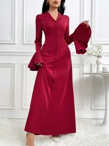 Modelyn Burgundy Red Women's Solid Color Peter Pan Collar Flare Sleeve Dress Long Evening Dresses