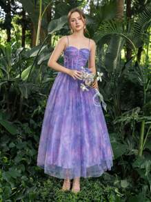 花卉薄纱褶皱紧身胸衣吊带返校派对礼服非常适合返校、聚会、舞会和鸡尾酒会优雅舞会半正式婚礼宾客礼服，适合生日、毕业典礼