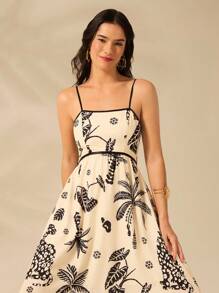 CAJUNI 女士波西米亚风印花、热带椰子树、豹纹、菠萝黑色印花、露背米色超长连衣裙、夏季休闲、海滩度假连衣裙 - 彩色 - 查看 1