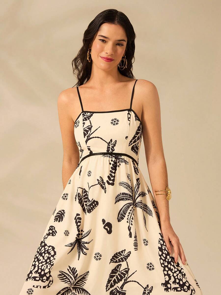 CAJUNI 女士波西米亚风印花、热带椰子树、豹纹、菠萝黑色印花、露背米色超长连衣裙、夏季休闲、海滩度假连衣裙 - 彩色 - 查看 1