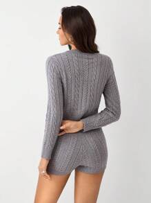 SHEIN x Carly Lawrence SHEIN Unity 2 件女士蝴蝶结装饰开衫和针织短裤休闲套装，秋冬 - 灰色 - 查看 2