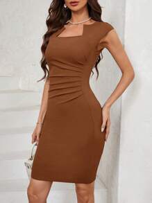 SHEIN Clasi 女士纯色 V 领褶皱无袖紧身连衣裙 - 鏽棕色 - 查看 6