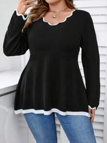 Calvaya Plus Size Colorblock Trim Long Sleeve Sweater, Casual Daily Wear, For Autumn Knit Pullover Bussines Formal Black And White Winter - Black - View 6