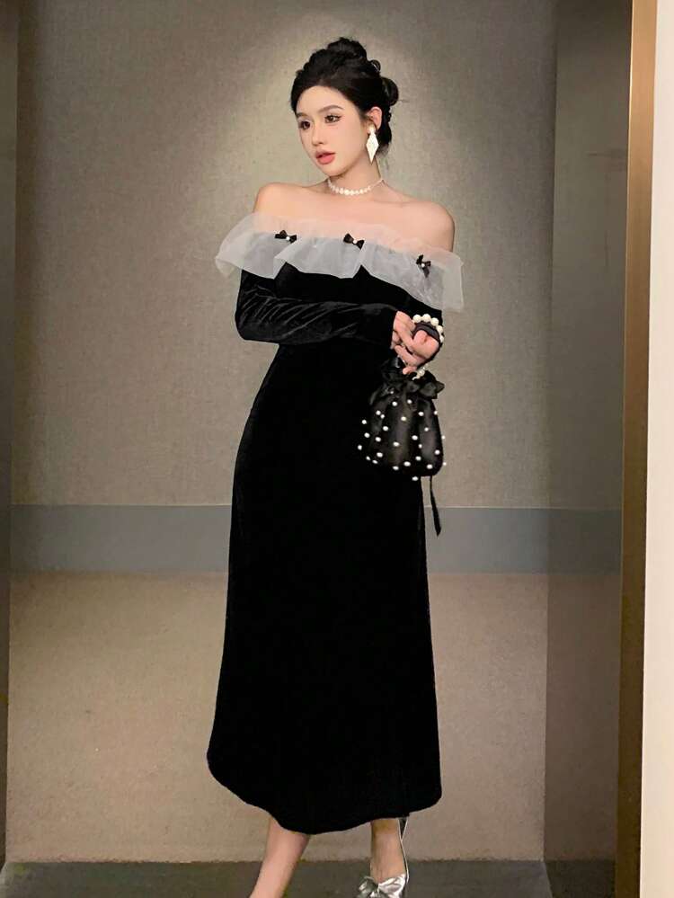 Valentine's Day, Party, Back To School Off-Shoulder Long Sleeve Contrast Color Bow Accent Mid-Calf Formal Dress For Women Prom Dress,Fall Clothes Elegant Women Dresses New Year Eve Dress