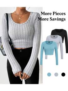 SHEIN Essnce 3 chiếc/gói Áo thun dệt kim dài tay cho nữ, nhiều màu - Màu xanh bạc hà - Xem 3