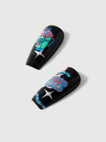 Andonella 10 piezas/set de Puntas de uñas postizas con estrellas negras y plateadas pintadas a mano por artistas, con estilo europeo y americano INS, viene con pegamento de gelatina para fiestas y el Día de San Valentín